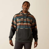 Brown, grey, blue, and orange men's Aztec print Hoodie. Aztec print is on the top half and the bottom half is plain grey. Hoodie has large front pouch pocket and hoodie strings. 