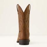 Men's Distressed Brown Hybrid Ranchway Waterproof Wide Square Toe Cowboy Boot heel view