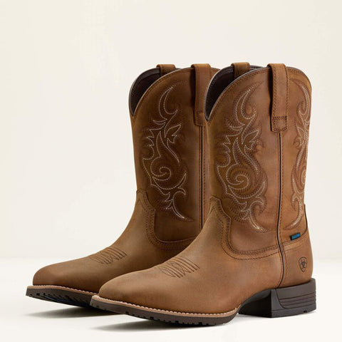 Men's Distressed Brown Hybrid Ranchway Waterproof Wide Square Toe Cowboy Boot pair view