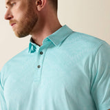 Ariat Men's Jacquard Printed Fitted Polo in Aqua Color Collar View
