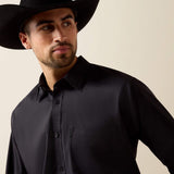 Close up view of the shirt, it has a single left chest pocket that is open. 