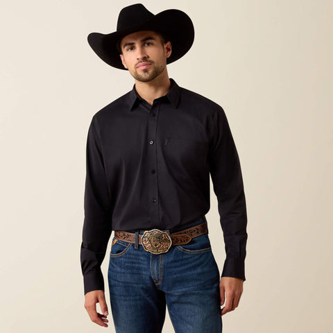 Solid black long sleeve button down shirt with black buttons and spread collar. 