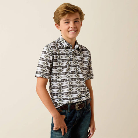 Black and white Aztec print polo shirt with a spread collar and 1/4 button up.