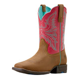 Front and side view of Kid's Hot Pink Westwood Wide Square Toe Boots. 
