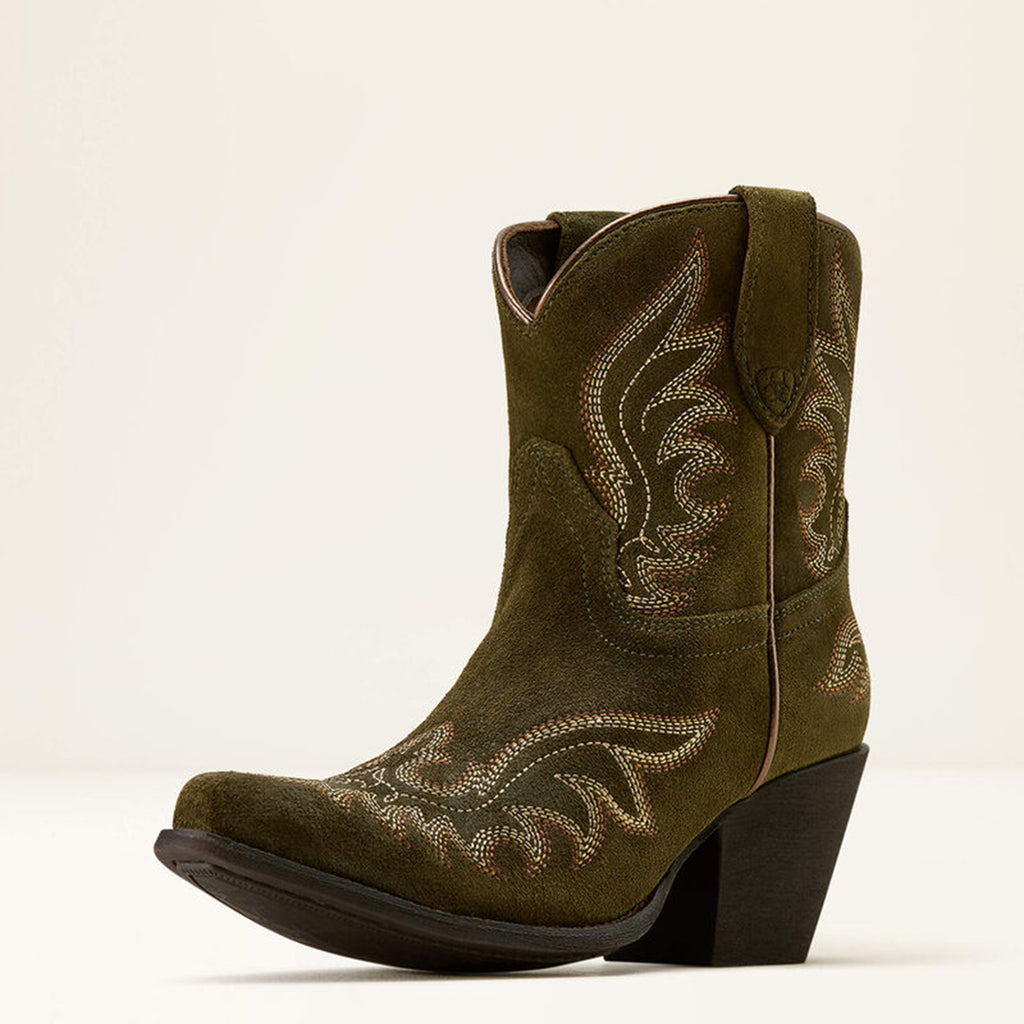 Olive green suede short booties with a pointed toe and brown boot stitch detailing.