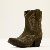 Olive green suede short booties with a pointed toe and brown boot stitch detailing.