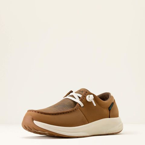 Front and side view of Brown Waterproof Buckeye Shoes. 