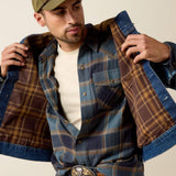 Men’s Ariat Nate flannel-lined denim trucker jacket, inside view.