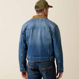 Men’s Ariat Nate flannel-lined denim trucker jacket with Western yoke detailing, back view.