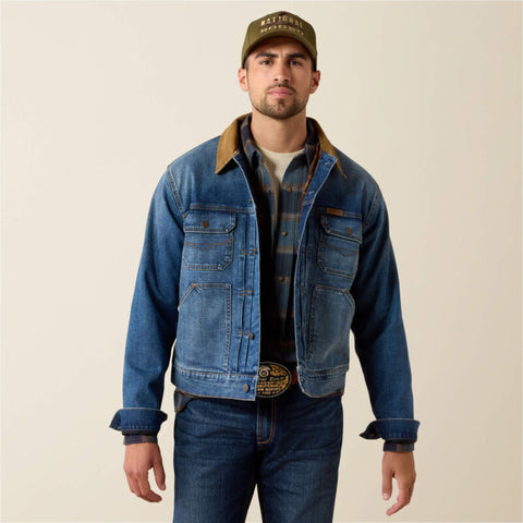 Men’s Ariat Nate flannel-lined denim trucker jacket with Western yoke detailing, snap chest pockets, button front, and hand pockets.
