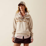 Front view of women’s oatmeal heather Ariat top with a relaxed fit and long sleeves.