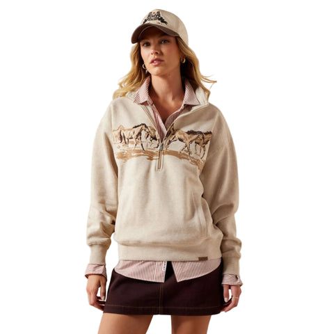 Front view of women’s oatmeal heather Ariat top with a relaxed fit and long sleeves.