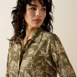 Close-up of the moss green Ariat Homestyle Shirt showing the button-front closure.