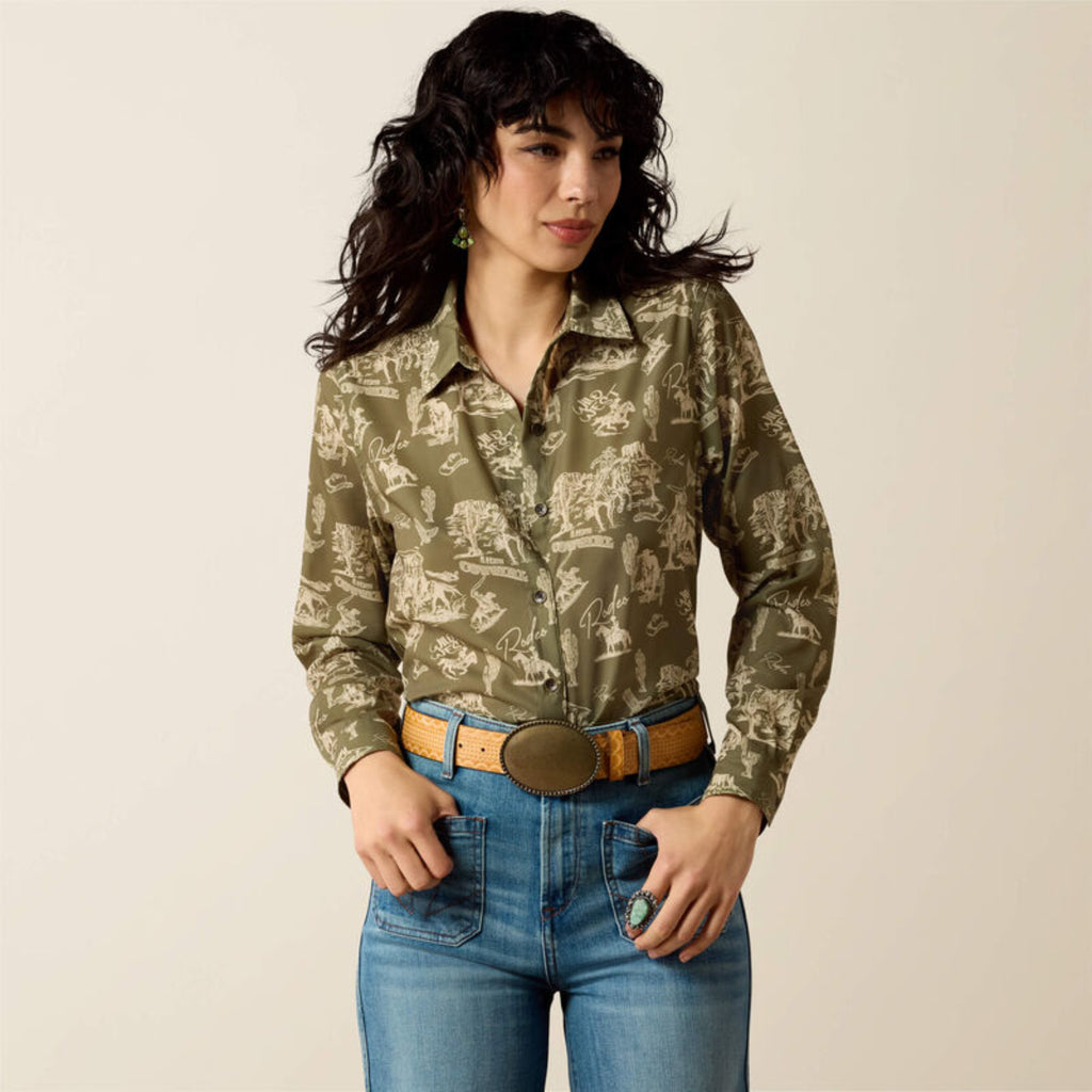 Model wearing the Ariat Homestyle Shirt in moss green, a relaxed-fit button-down shirt with long sleeves.
