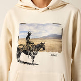 Close-up of the Ariat Wish You Were Here Western graphic with detailed print and embroidery on the parchment hoodie.