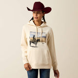 Front view of Ariat parchment hoodie featuring a printed graphic.