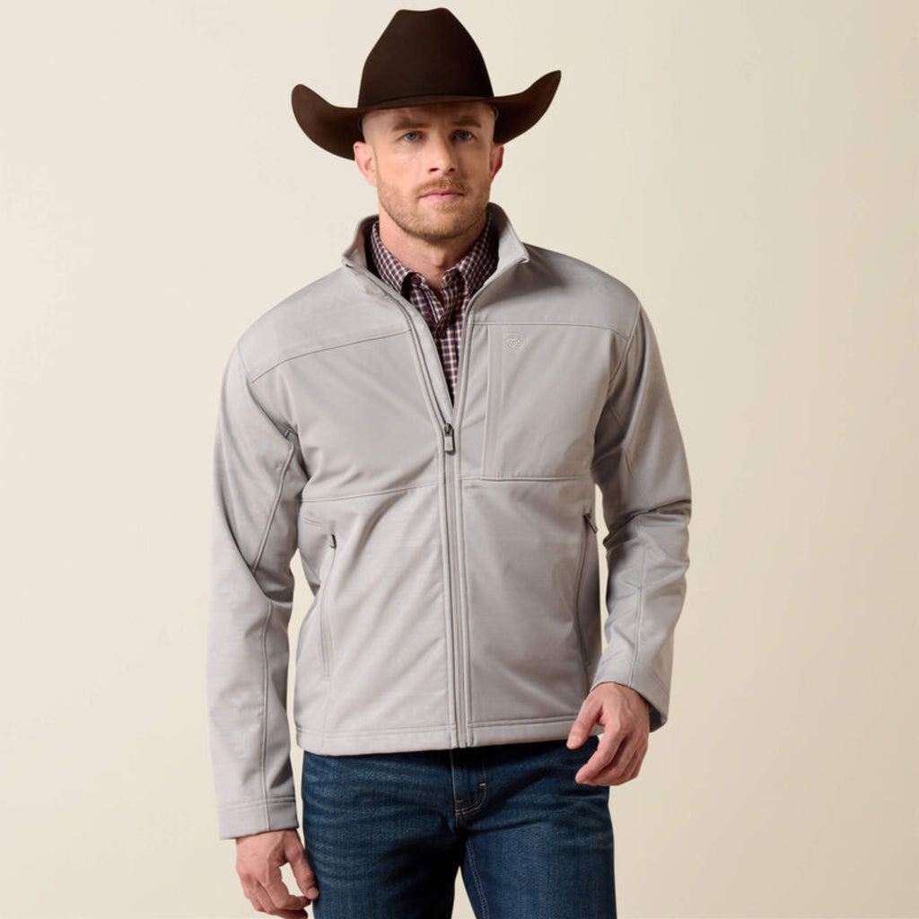 Front view of men’s Ariat Wet Weather Emboss Southwest jacket showing the full design and fit.