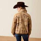 Back view of Ariat women’s Wild Horses Print top in Tiger’s Eye featuring a wild horse pattern and Western-inspired design.