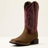 Ariat Hybrid Ranchwork wide square toe Western boot in Backwoods Brown and Berry Spice leather, shown from a three-quarter front angle.