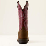 Back view of Ariat Hybrid Ranchwork wide square toe Western boot in Backwoods Brown and Berry Spice leather, showing the heel and rear shaft.