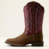 Side view of Ariat Hybrid Ranchwork wide square toe Western boot in Backwoods Brown and Berry Spice leather.