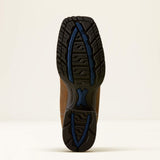 Sole view of Ariat Hybrid Ranchwork wide square toe Western boot in Backwoods Brown and Berry Spice leather.