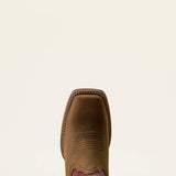 Toe view of Ariat Hybrid Ranchwork wide square toe Western boot in Backwoods Brown and Berry Spice leather.