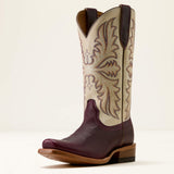 Front view of Ariat Futurity Oak Western boots in Port Wine and Cream Candle leather with a narrow cutter toe and six-row stitching.