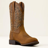 Front and side view of Ariat Men's Brown Sport Stockman U Toe Cowboy Boot 