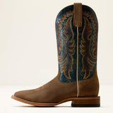 Side view of Ariat Slatewood wide square toe cowboy boot in Timber Tan Roughout with Electric Wave detailing, showing the heel and 13-inch shaft.