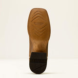 Sole view of Ariat Slatewood wide square toe cowboy boot in Timber Tan Roughout with Electric Wave detailing, and showing the heel.