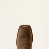 Toe view of Ariat Slatewood wide square toe cowboy boot in Timber Tan Roughout with Electric Wave.