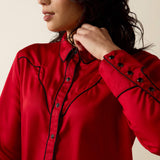Close up of Ariat Savvy Red women’s top in a bold red color, featuring Western-inspired styling.