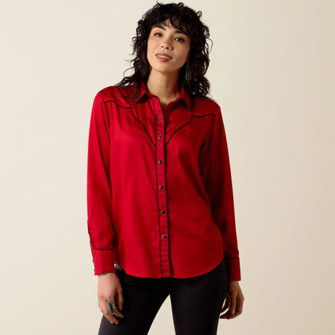 Ariat Savvy Red women’s top in a bold red color, featuring Western-inspired styling.