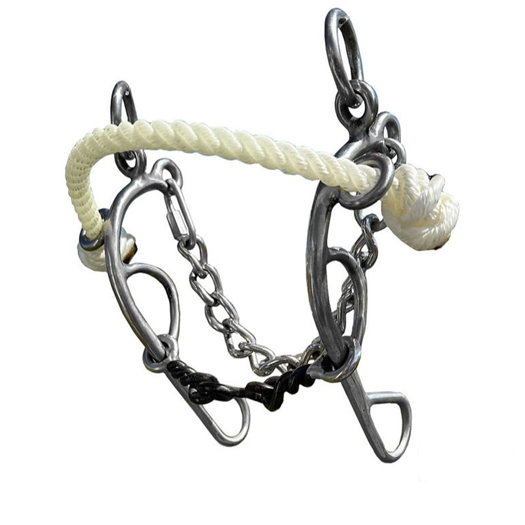 Stainless steel bit with white rope noseband and sweet iron mouthpiece on a white background.