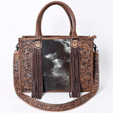 Brown Tooled Tote Purse with Brown and White Hide and Brown Fringe. Tooled Shoulder Strap
