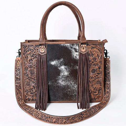 Brown Tooled Tote Purse with Brown and White Hide and Brown Fringe. Tooled Shoulder Strap