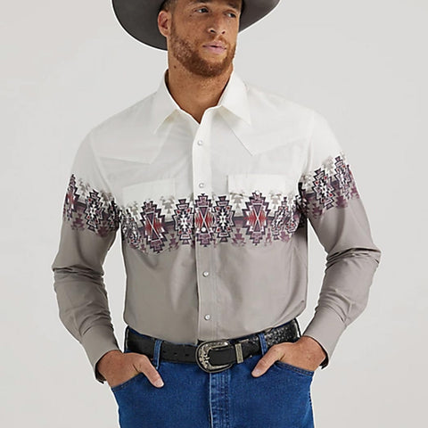 Wrangler Men's White/Grey Aztec Border Shirt