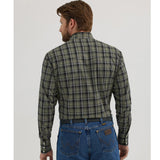 Back of green and black plaid shirt