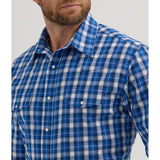 Close up of blue and white plaid shirt