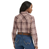 back of pink plaid long sleeve pearl snap