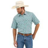 Turquoise and White Plaid Snap Short Sleeve Shirt with Two Chest Pockets