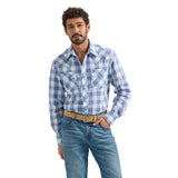 Blue/White/Red Plaid Snap Long Sleeve Shirt with Two Sawtooth Chest Pockets