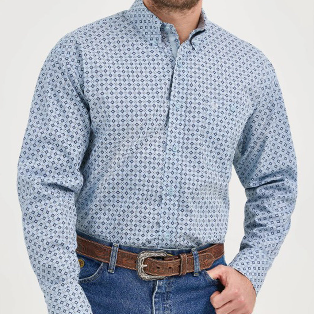 Blue Geo Diamond Print Button Up- Front View