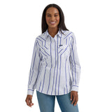 White Multi Blue Striped Long Sleeve Snap Shirt with Two Chest Pockets