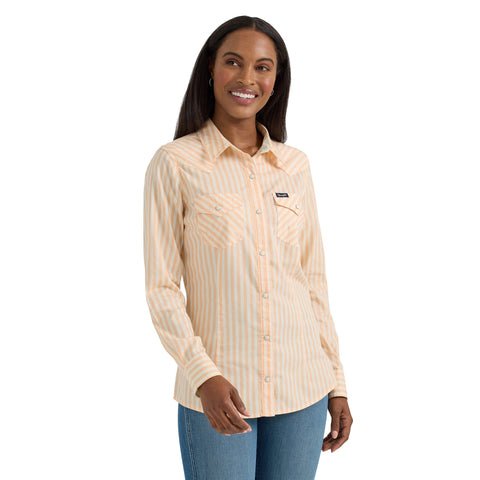 Peach and White Striped Long Sleeve Snap Shirt with Two Pockets