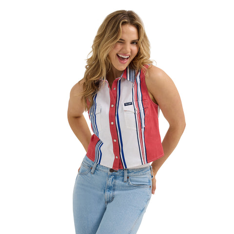 Red, White and Blue Striped Brushpopper Sleeveless Crop Top with Snaps