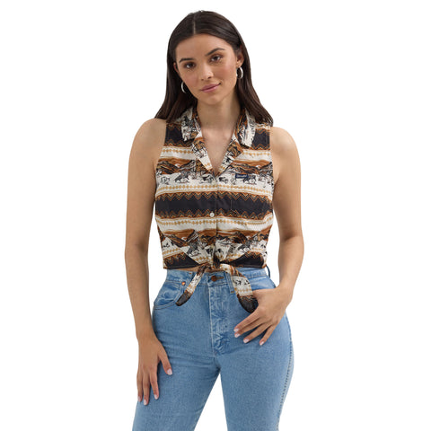 Western Graphic Sleeveless Tie Front Cropped Shirt