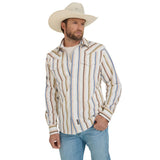 Brown and Blue Retro Striped Long Sleeve Snap Shirt with Two Pockets