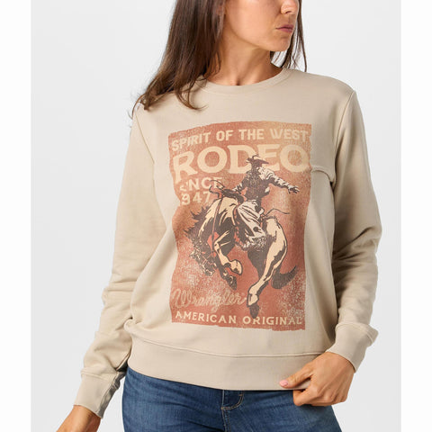 women's beige/cement colored sweatshirt with spirit of the west rodeo graphic on front
